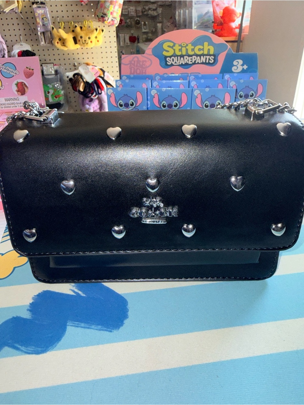 Coach Black Leather Crossbody with Silver Heart Studs